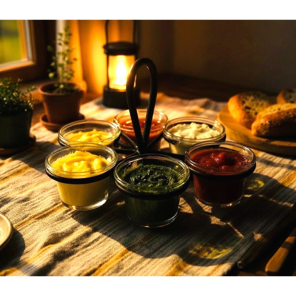 Multipurpose Metal & Glass Condiment/Votive Holder 5 glass cups in Metal Holder
